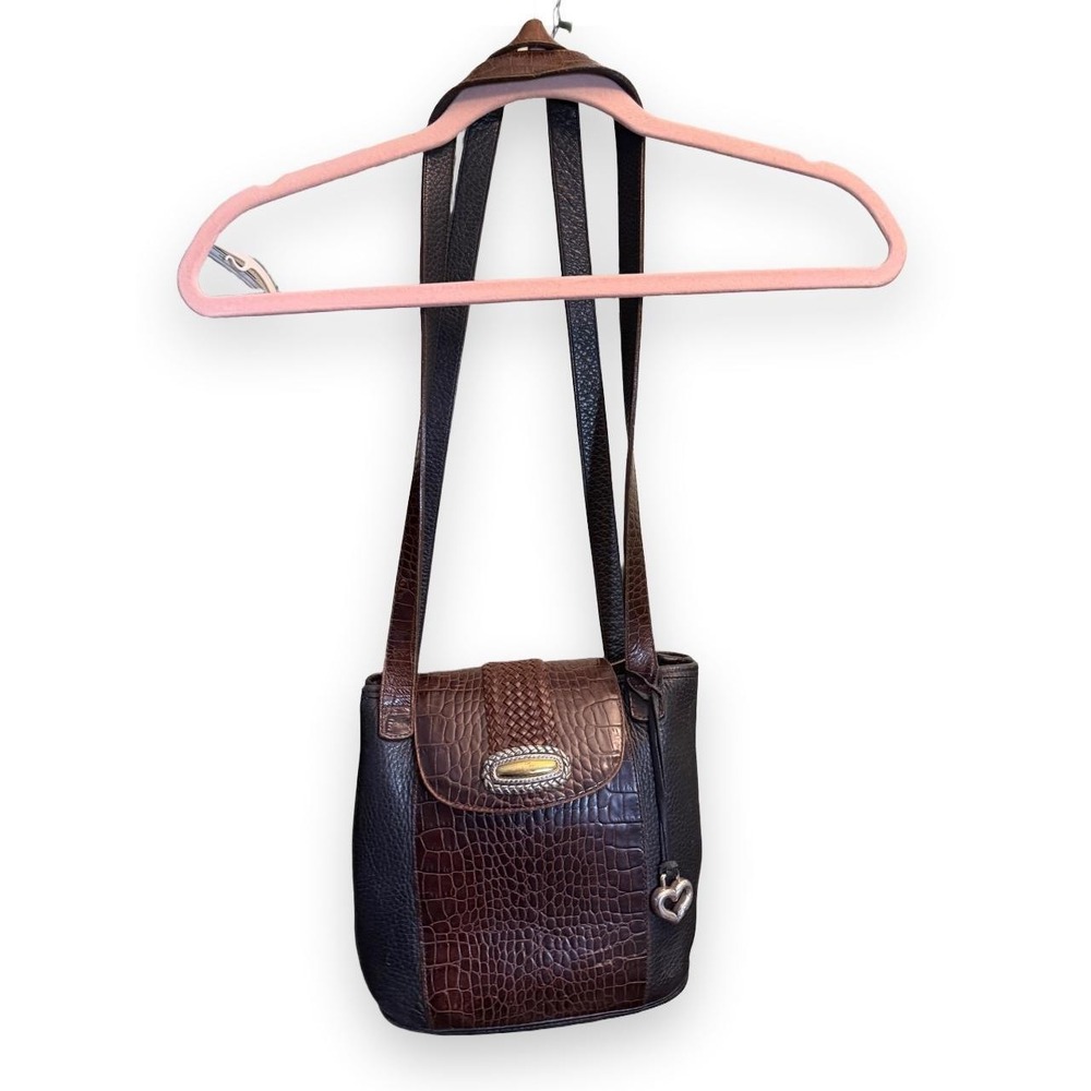 Brighton Crocodile Embossed Black & Brown Leather Crossbody Bucket Bag